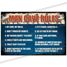 Load image into Gallery viewer, MAN CAVE RULES 30cm x 20cm METAL SIGNS
