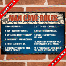 Load image into Gallery viewer, MAN CAVE RULES 30cm x 20cm METAL SIGNS