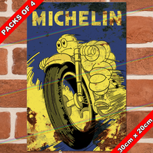 Load image into Gallery viewer, MICHELIN MAN ON MOTORBIKE 30cm x 20cm METAL SIGNS