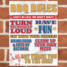 Load image into Gallery viewer, BBQ RULES METAL SIGNS
