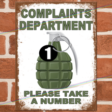 Load image into Gallery viewer, COMPLAINTS DEPARTMENT METAL SIGNS