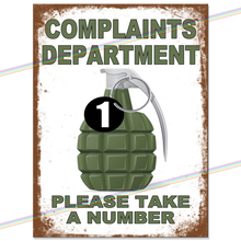 Load image into Gallery viewer, COMPLAINTS DEPARTMENT METAL SIGNS