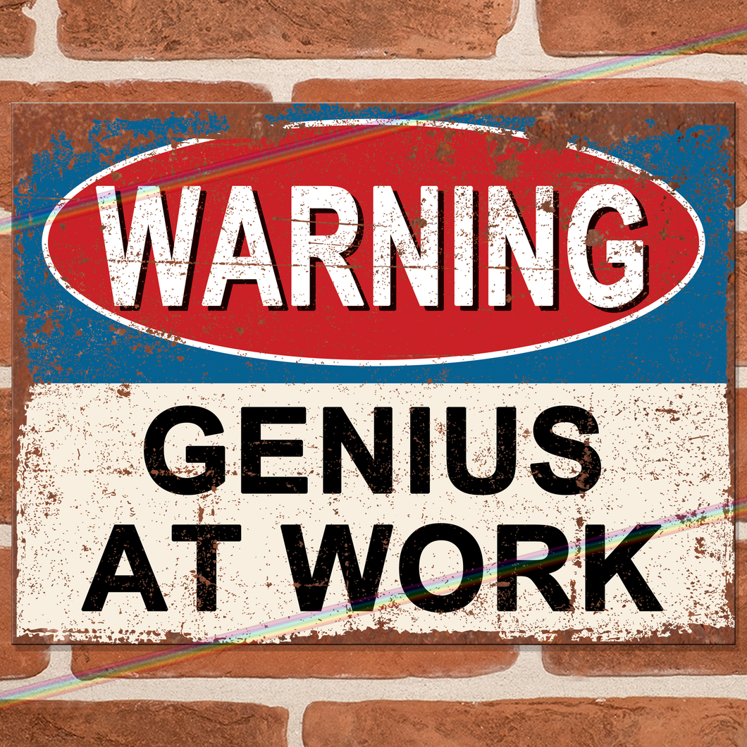 GENIUS AT WORK WARNING METAL SIGNS