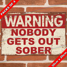 Load image into Gallery viewer, NOBODY GETS OUT SOBER 30cm x 20cm METAL SIGNS
