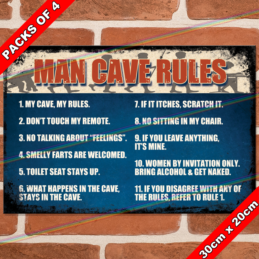 MAN CAVE RULES 30cm x 20cm METAL SIGNS