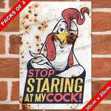 Load image into Gallery viewer, STOP STARING AT MY COCK 30cm x 20cm METAL SIGNS
