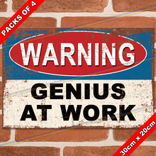 Load image into Gallery viewer, GENIUS AT WORK 30cm x 20cm METAL SIGNS
