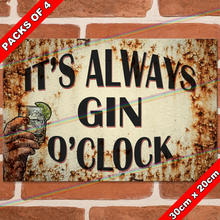 Load image into Gallery viewer, IT&#39;S ALWAYS GIN O&#39;CLOCK 30cm x 20cm METAL SIGNS
