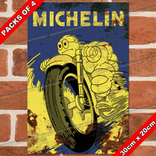 Load image into Gallery viewer, MICHELIN MAN ON MOTORBIKE 30cm x 20cm METAL SIGNS
