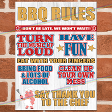 Load image into Gallery viewer, BBQ RULES METAL SIGNS
