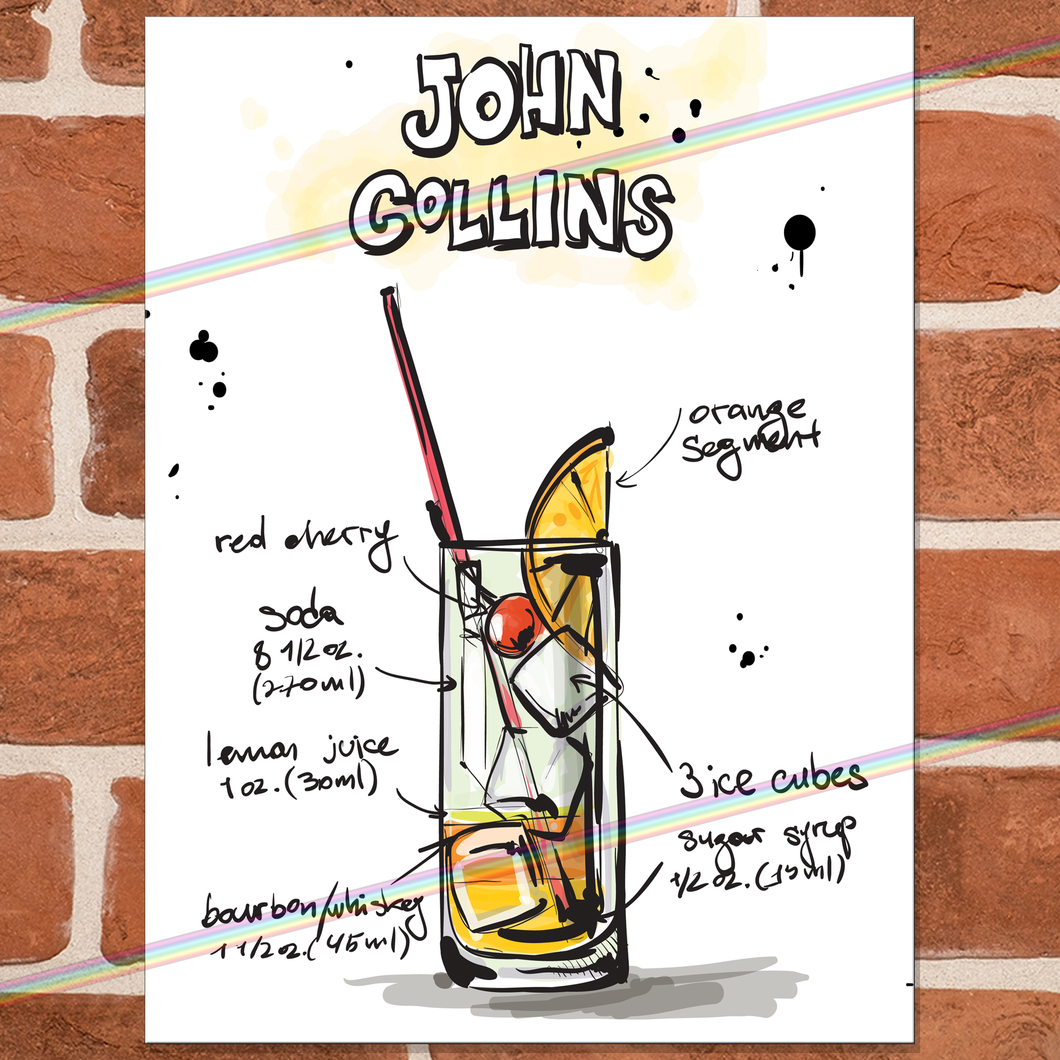 JOHN COLLINS COCKTAIL RECIPE METAL SIGNS