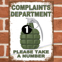 Load image into Gallery viewer, COMPLAINTS DEPARTMENT METAL SIGNS
