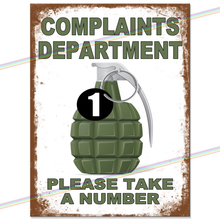 Load image into Gallery viewer, COMPLAINTS DEPARTMENT METAL SIGNS
