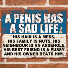 Load image into Gallery viewer, PENIS HAS A SAD LIFE METAL SIGNS
